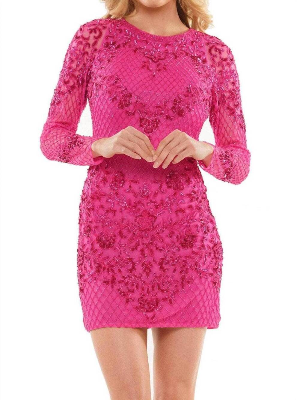 NEW COLORS DRESS beaded long sleeve dress in hot pink